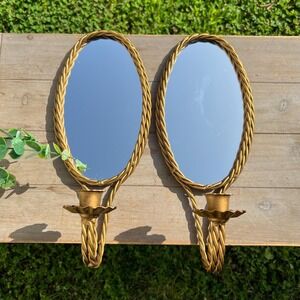 Vintage Metal Gold Twist Mirror Wall Candleholders | Set of 2